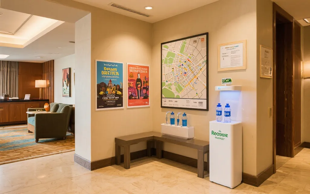 旅客在酒店大堂查看城市步行地图与文化活动海报