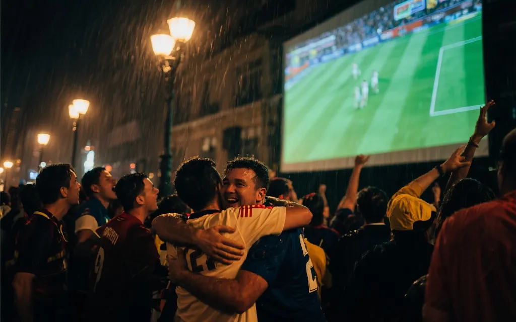 小国球迷在街头大屏前观赛，雨夜灯光下拥抱欢呼，纪实摄影