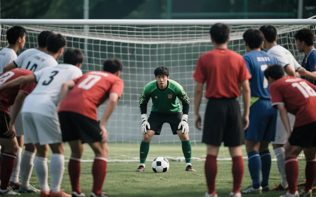 点球大战前球员围圈与门将凝视球门的紧张画面